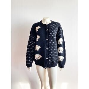 Nomadic Traders Black White Bear Wool Button Down Sweater Made in Peru Medium